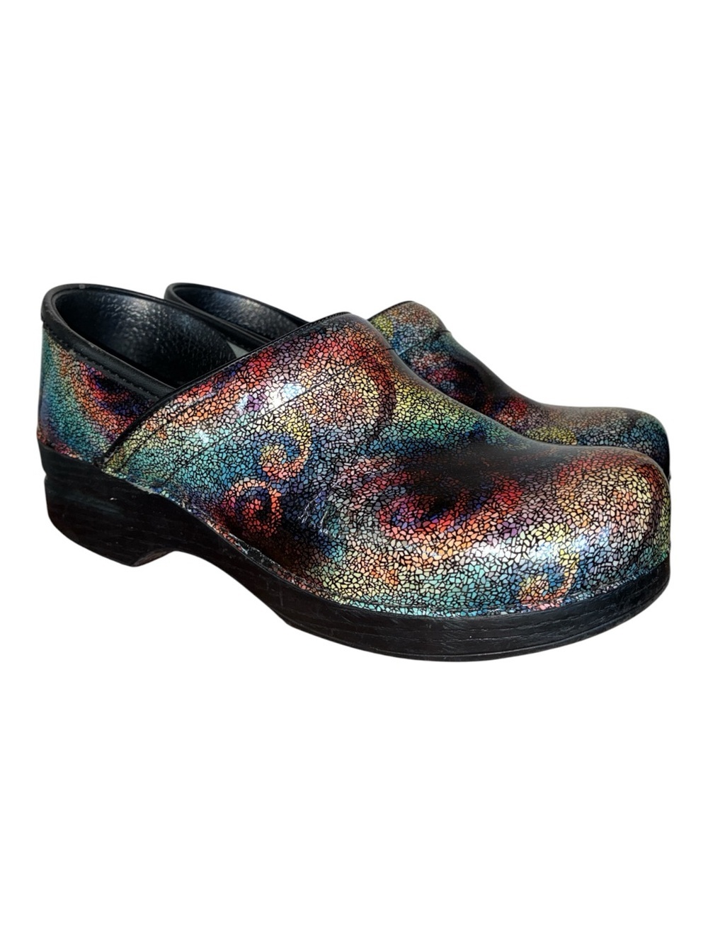 UPDATED! Dansko clogs, women's 40, Iridescent Rainbow Crackle finish. Comfy! Euc
